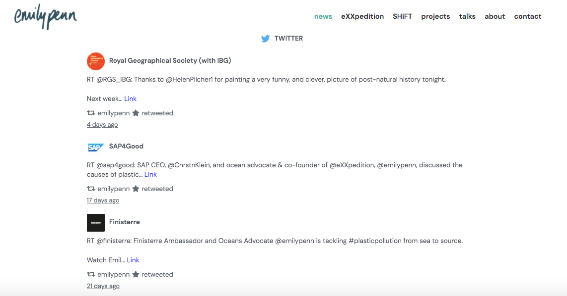 Twitter feed of a public speaker on her personal website Twitter feed of a public speaker on her personal website